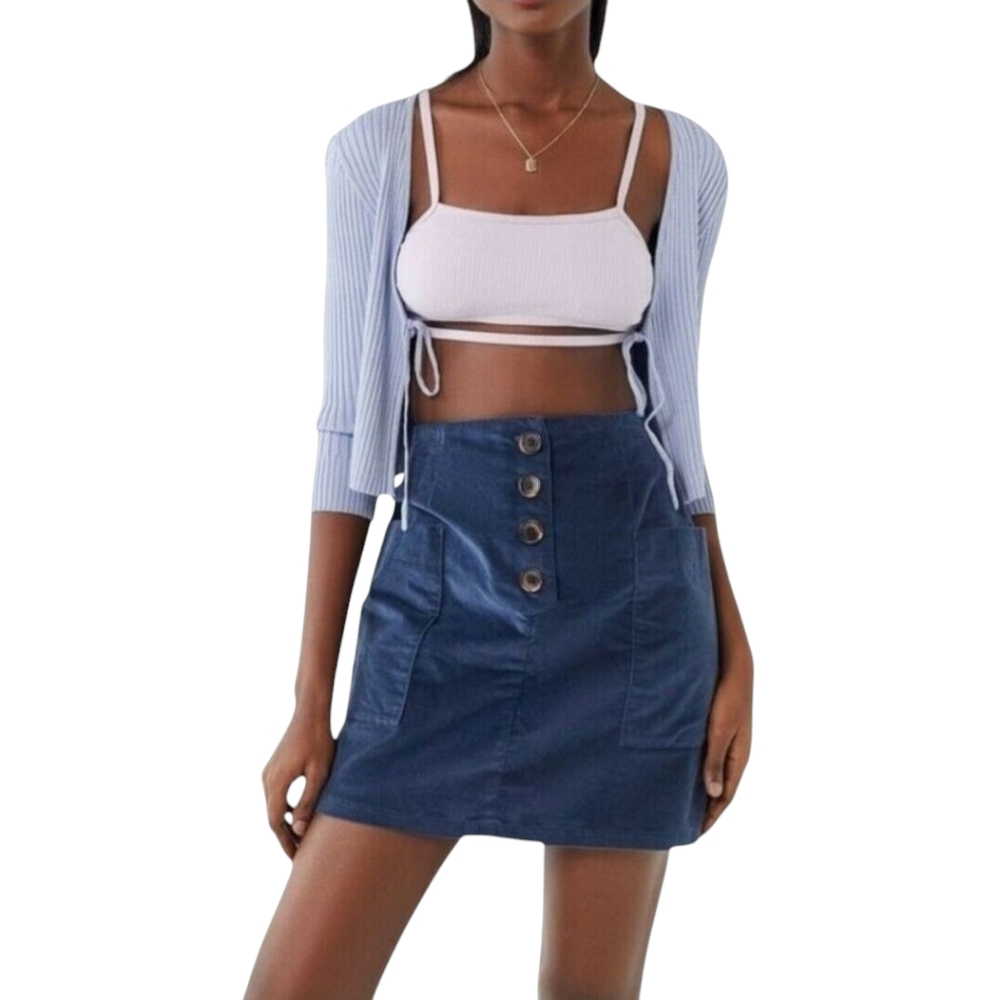 🔥URBAN OUTFITTERS BDG Dusty Blue Velvet Button Front Patch Pocket Mini Skirt  M
